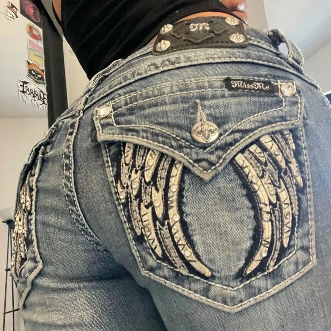 Gothic Womens Jeans Y2K Clothes Harajuku Hip Hop Pocket Embroidery Vintage Blue Baggy Jeans High Waist Slim Flared Trousers