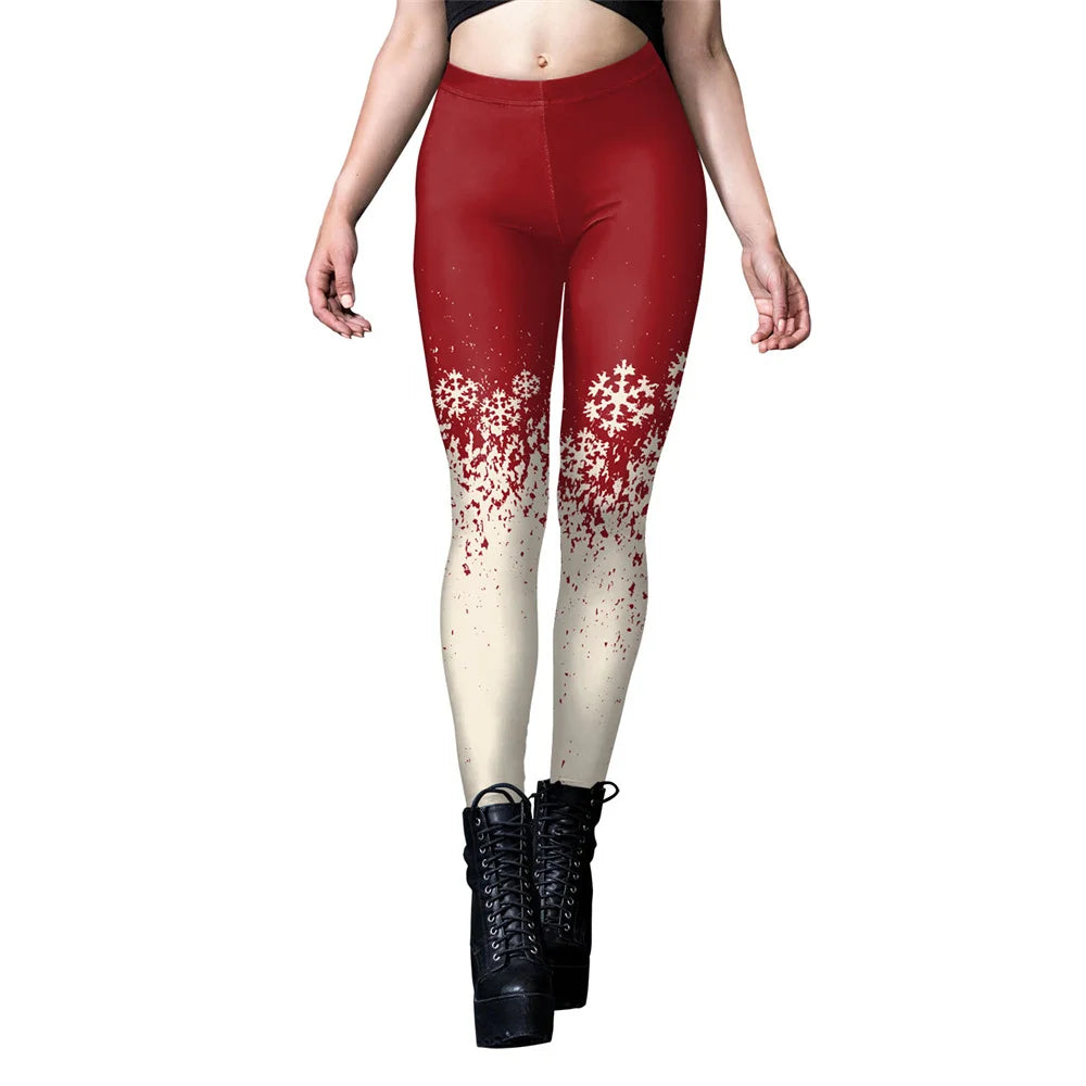 FCCEXIO Christmas Tree Print Leggings Women Party Sexy Tights Mid Waist Snowflakes Red Plaid Trousers Girls Casual Pants Bottom