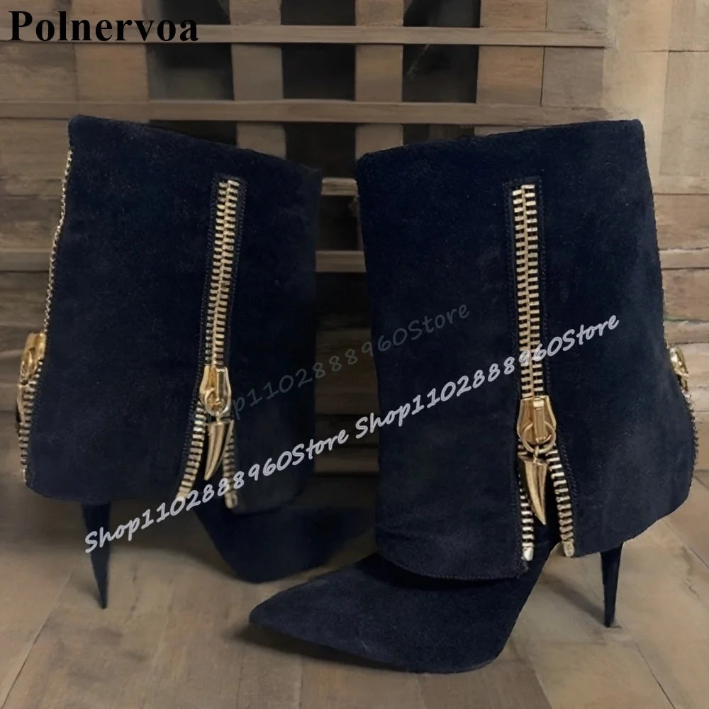 Gray Mid Calf Fold Over Metal Zipper Pointy Boots Suede Thin High Heel Shoes For Women Pointed Toe Trending Zapatos Para Mujere