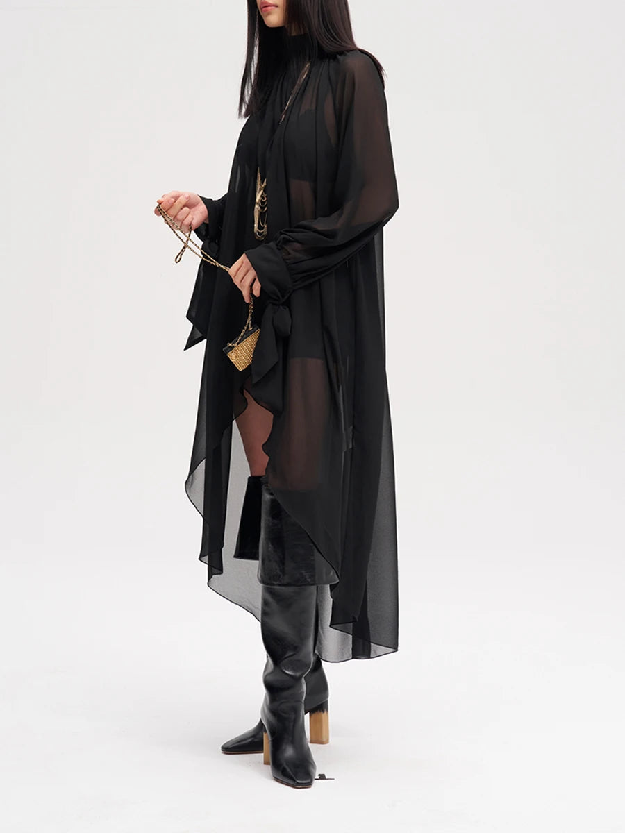 TWOTWINSTYLE Solid Loose Sheer Spliced Folds Fashion Blouses for Women High Neck Long Sleeves Irregular Blouse Female Clothing