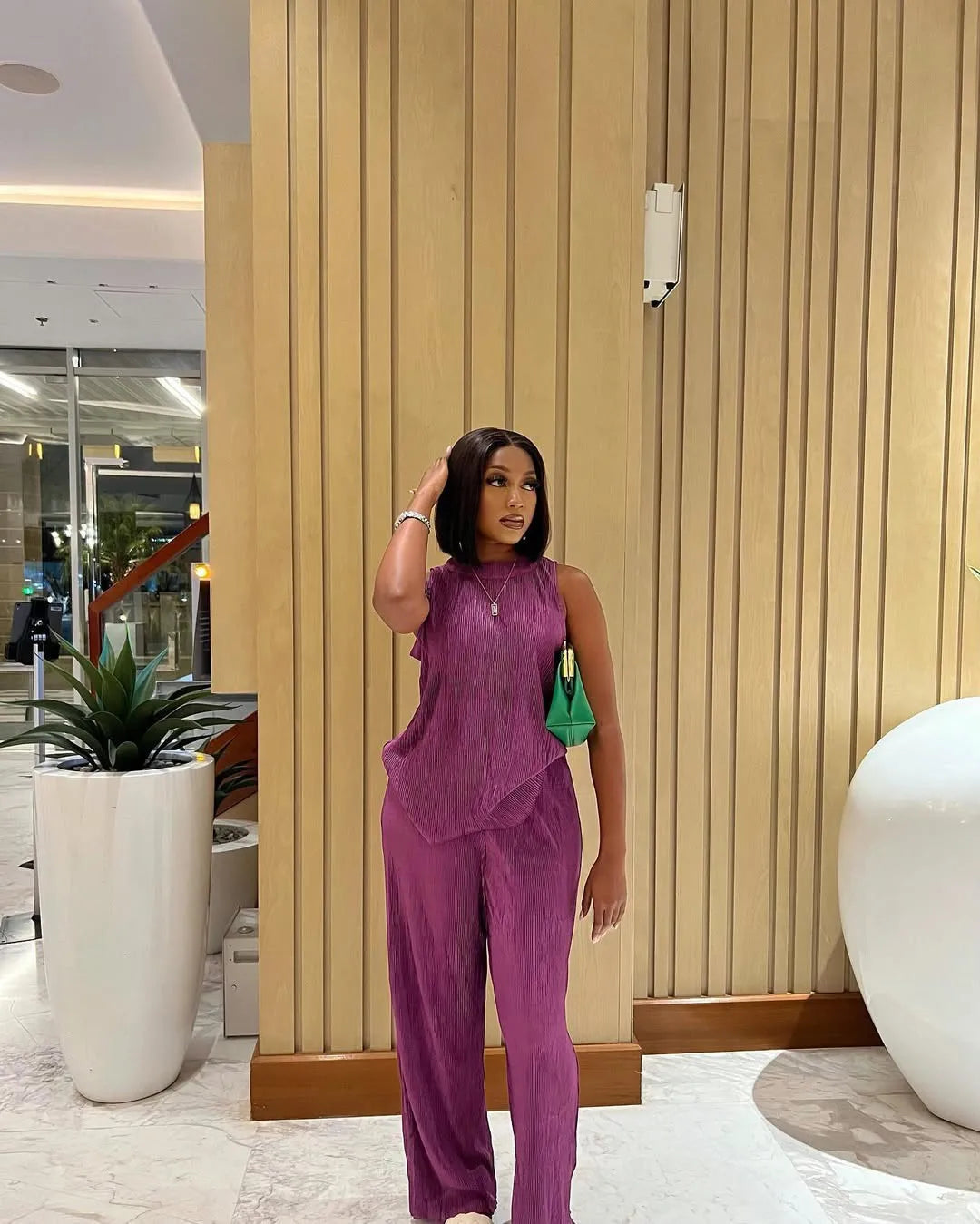 CM.YAYA Fashion Pleated Draped Women Set Sleeveless Tops + Wide Leg Pants 2025 Summer Two 2 Piece Sets Africa Outfits Tracksuit