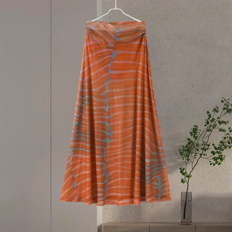 Chic Printed Contrast Women's Skirt Suit Sexy O-neck See Through Sleeveless Bodysuit High Waist Skirts Female 2025 Summer Outfit
