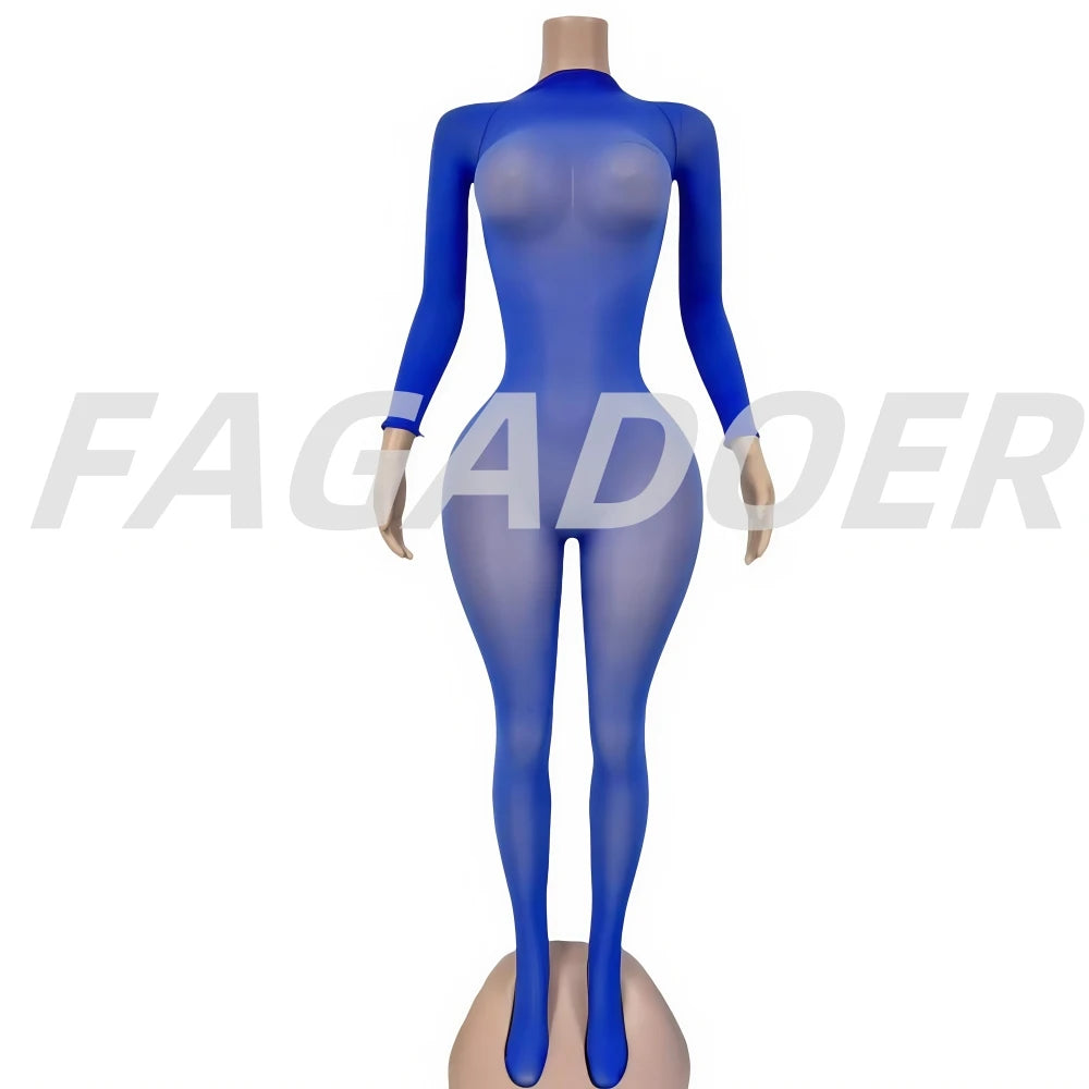 FAGADOER Summer New Sexy Mesh See Through Bodycon Jumpsuit Woman Long Sleeved Round Neck Rompers Female Party Club Overalls