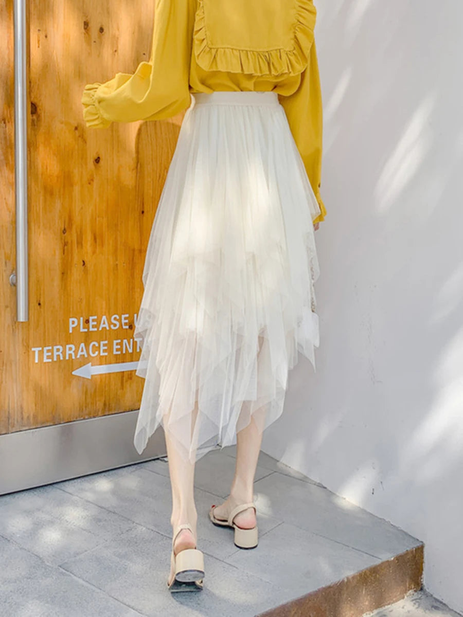Women Tutu Tulle Skirt Elegant High Waist Mesh Tiered Layered Half Skirt Female Prom Party Midi Skirt for Summer Fairycore Y2K