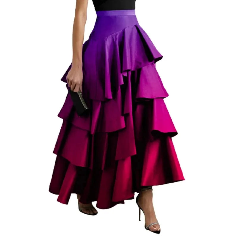 Beautyblue Elegant Party Dresses for Women 2025 Gradient Long Skirts Fashion A-Line Falbala High Waisted Bottoms Skirt Female