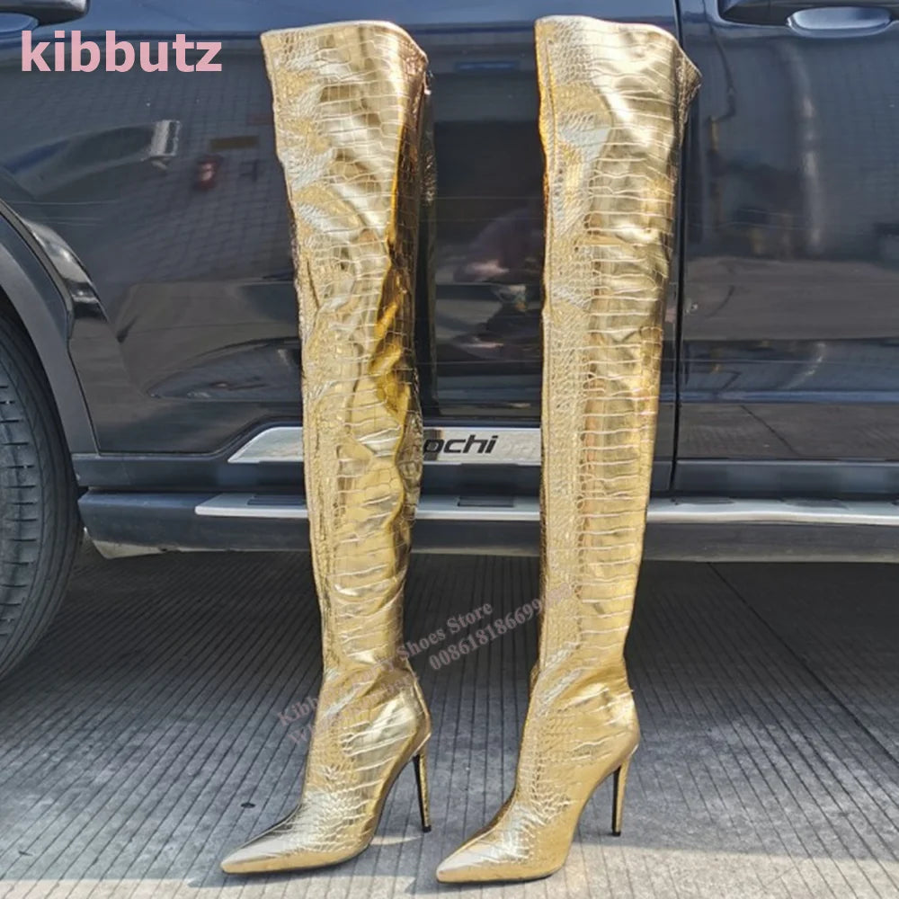Golden Boots Over The Knee Crocodile Pattern Patent Leather Pointed Toe Thin Heel Nightclub Sexy Fashion Women Shoes 2023 Newest