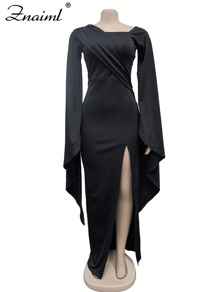 Znaiml Elegant Flare Sleeve Celebrity Nightclub Maxi Long Dresses for Women Sexy High Split Evening Party Prom Birthday Vestidos