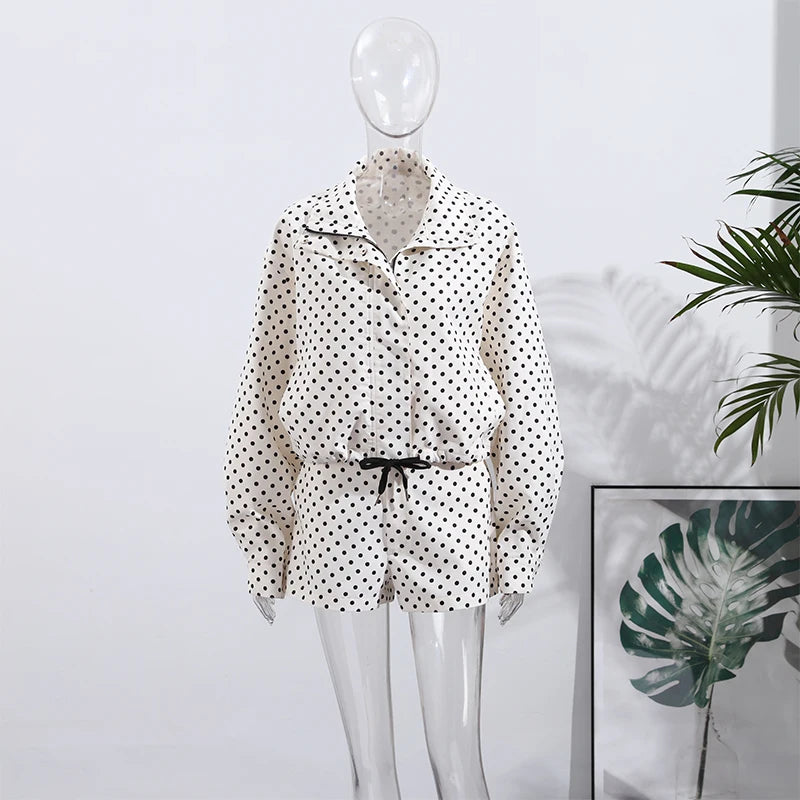 Loose Polka Dot Zipper Women's Shorts Set Stand Collar Patchwork Full Sleeve Pockets Jacket Tie Up Short Pant Suit Summer Outfit