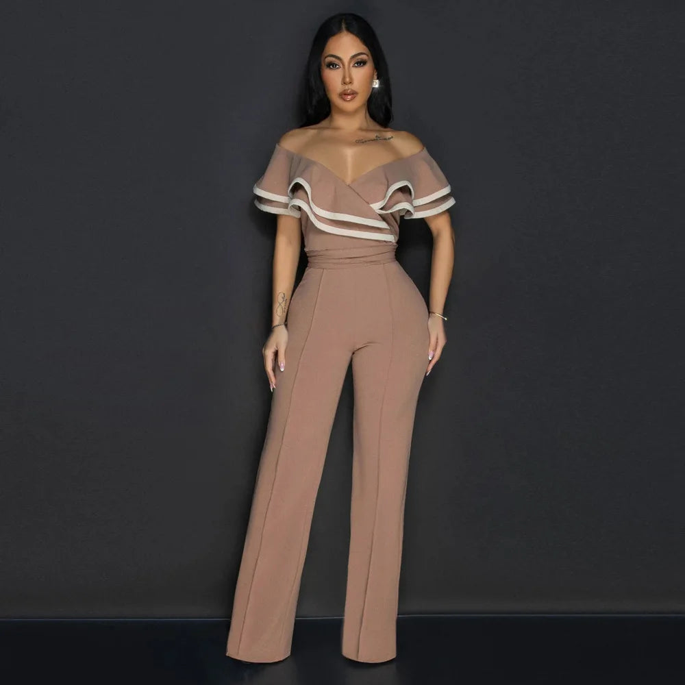 CM.YAYA Women V-neck Off Shoulder Ruffles Wide Leg Jumpsuits 2024 Summer Fashion Sexy Party Playsuit One Piece Suit Rompers