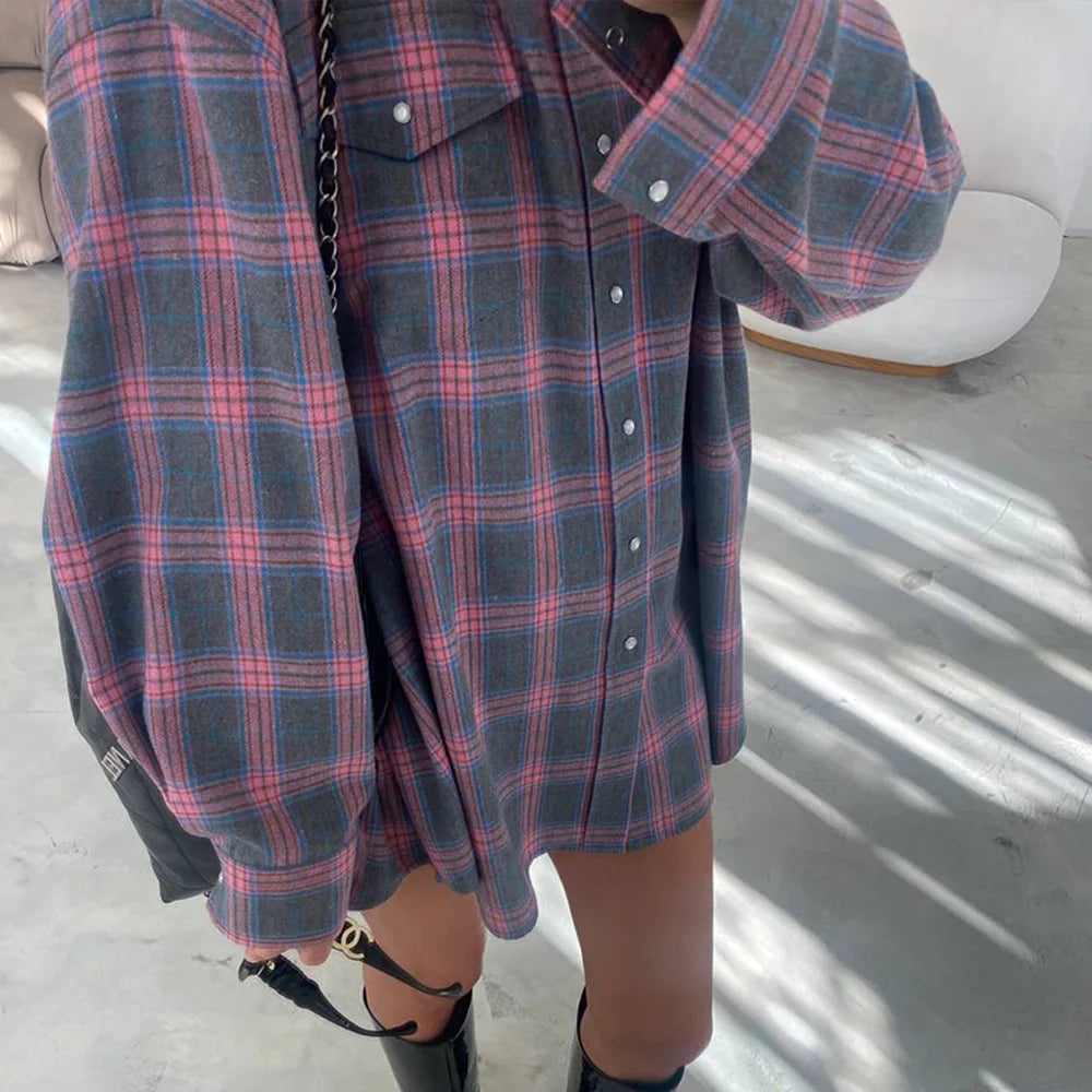 FSMG-Versatile Plaid Shirt For Women, Red Bright Grid, Oversized Blouse, Leisure And Fashionable Top, Spring And Autumn Seasons