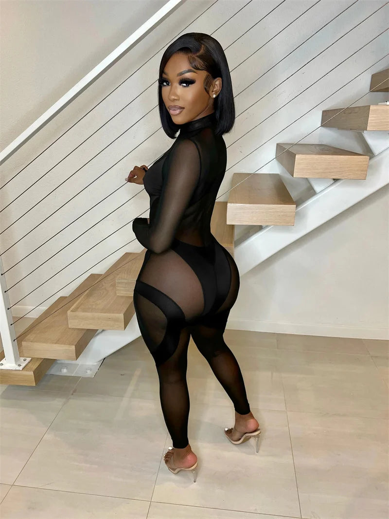 Sexy Sheer Mesh Jumpsuits Women Party Club Outfits Skinny Patchwork Long Sleeve See Through Rompers Womens Jumpsuit Midnight