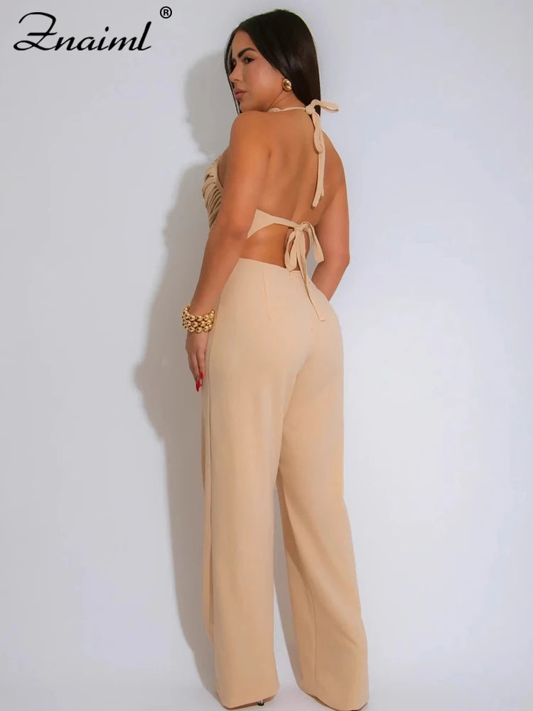 Znaiml Elegant Long Jumpsuits for Women Summer Sleeveless Halter Lace Up Backless Bandage Wide Leg Pants Rompers One Pieces 2025