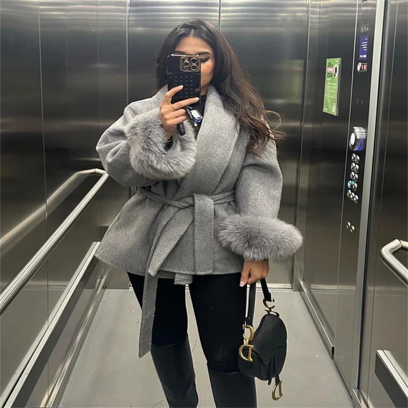 Plush Cuffs Belt Women 's Coats Elegant Lapel Faux Fur Sleeve Twist Open Coat Female 2025 Autumn Winter Fashion Lady Streetwears