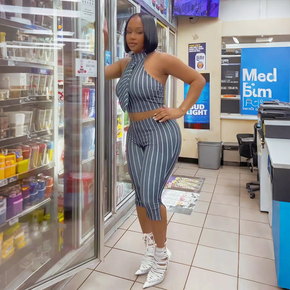CM.YAYA Striped Printed Women's Set Sleeveless Necktie Tops and Leggings Pants 2025 Sexy Party Two 2 Piece Sets Outfit Tracksuit