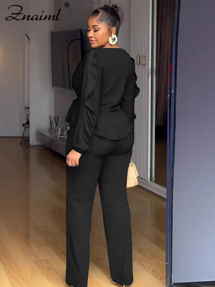 Znaaiml Elegant Blue 2 Piece Pants Sets Women Lantern Sleeve Drawstring Ruched Ruffles Top and Trousers Casual Street OL Outfits