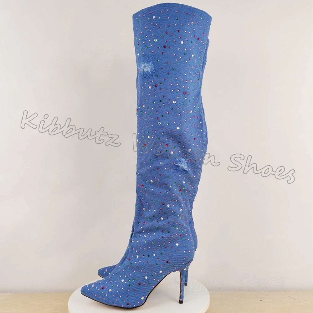 Boots Over The Knee Denim Cloth Crystal Glossy Rhinestone Slip-On Fashion Luxury Elegant Concise Sexy Spicy Girls Shoes Newest