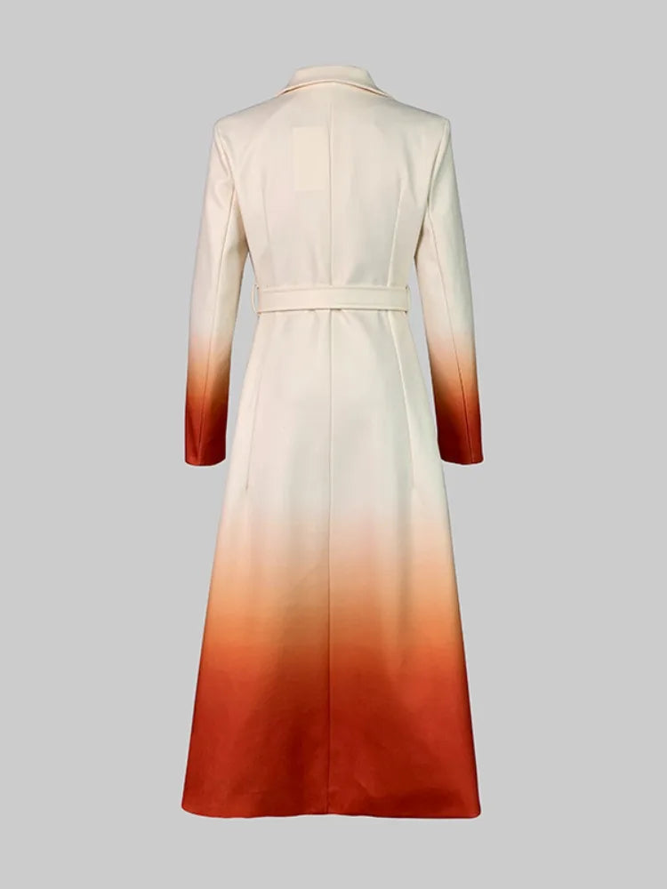 Beautyblue Fashion Women Gradient Outerwear Long Blazer Elegant Loose Tied Waist Buttoned A-Line Woolen Coat for Office Commute
