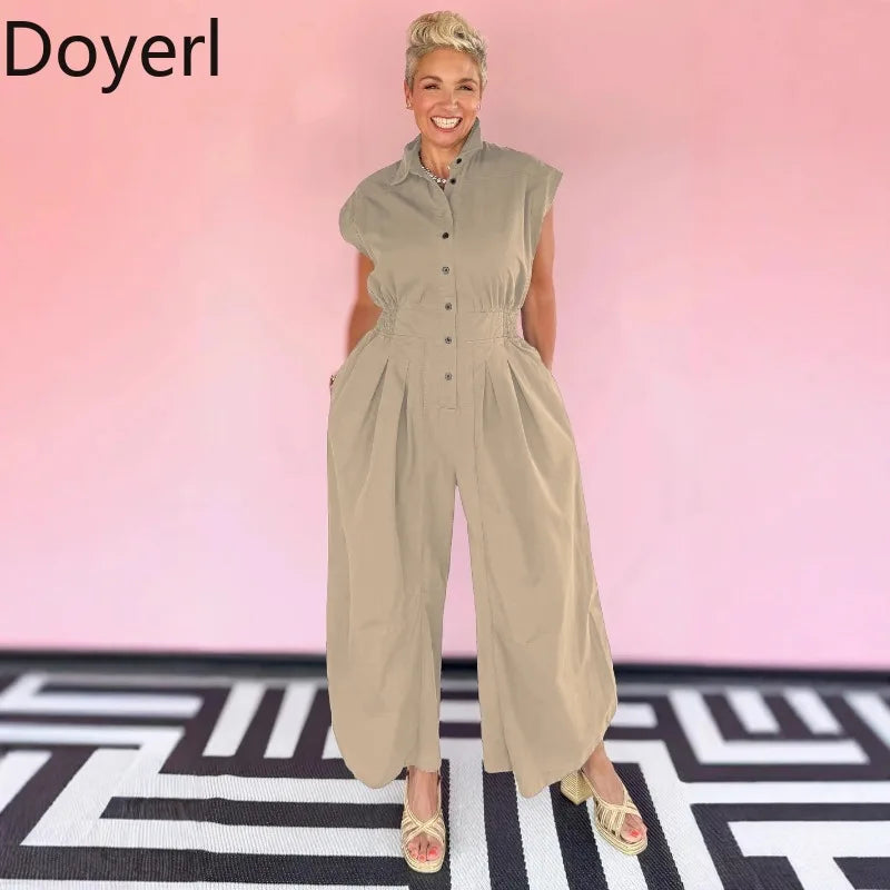Doyerl Solid Casual Summer Jumpsuit Woman Clothing Turn-down Collar Button Up Sleeveless Loose Rompers One Piece Overalls 2025