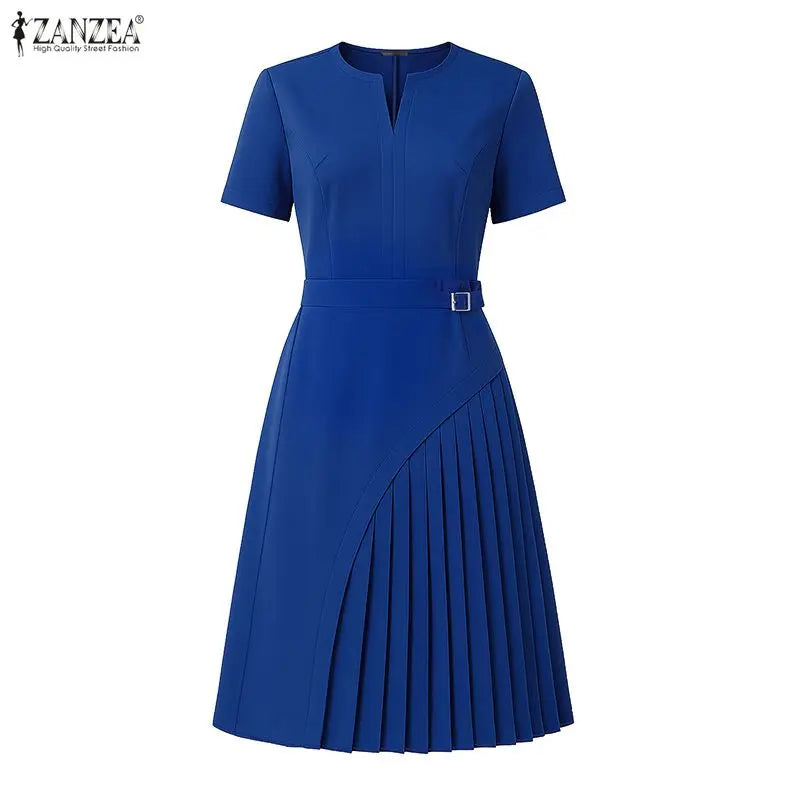 Pleated V Neck Knee Length Dress