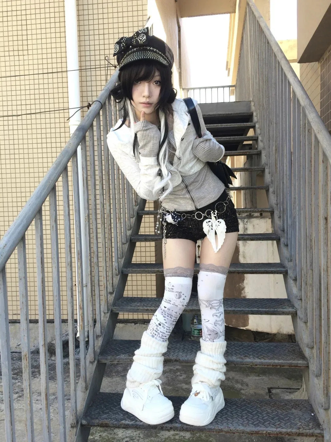 Karrram Japanese Y2k Fake Two-piece Knitted Tops Trashy 2000s Hooded Jacket Vintage Harajuku Knitwear Grunge Aesthetics American
