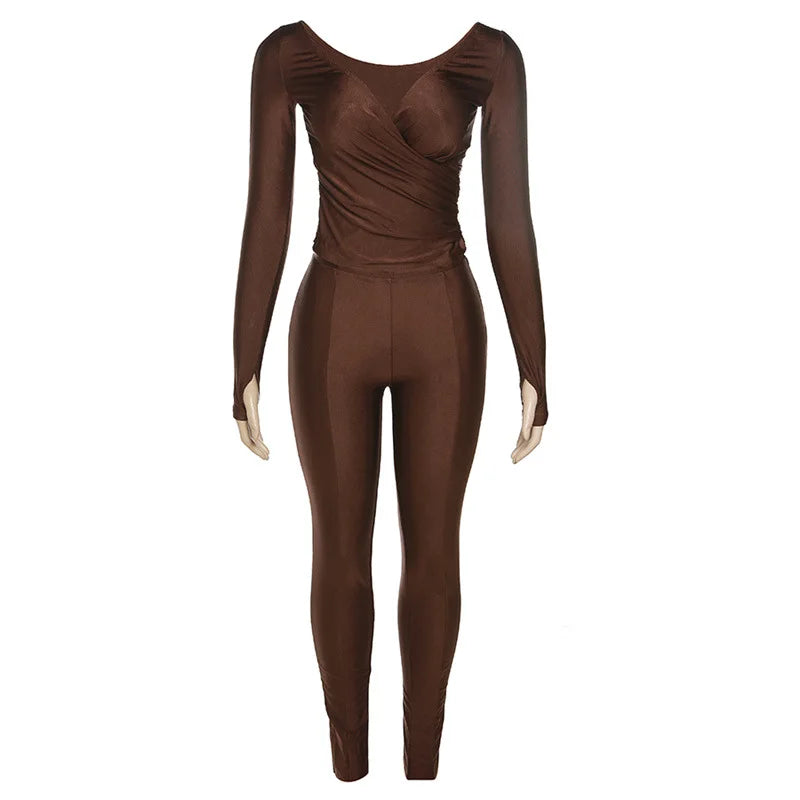 2025 Spring/Summer Women's Sexy Off Shoulder Big V-neck European and American Style High Waist Tight Pants Casual Sports Set