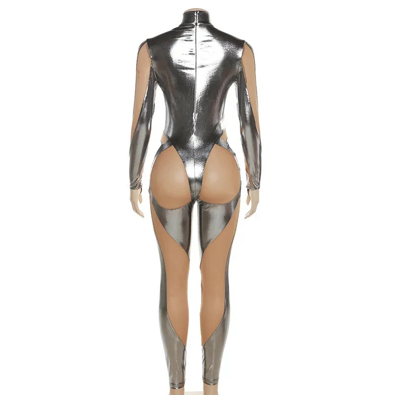Metallic Striped Patchwork Mesh See Through Nightclub Jumpsuit Women Long Sleeve Skinny Party Birthday Outfit One Pieces Romper