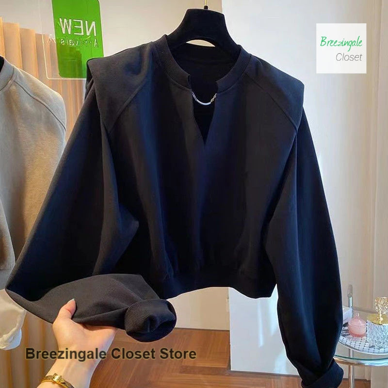 French style V-neck shoulder pads short sweater women's spring and autumn new fashion casual loose niche bottoming shirt