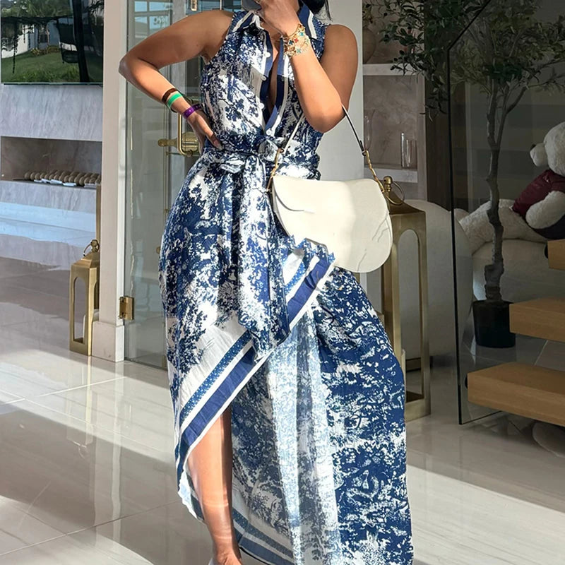 Retro Pattern Printed Button High Waist Dress Casual Women's Lapel Sleeveless Shirt Dress New Summer Fashion Split Beach Dresses