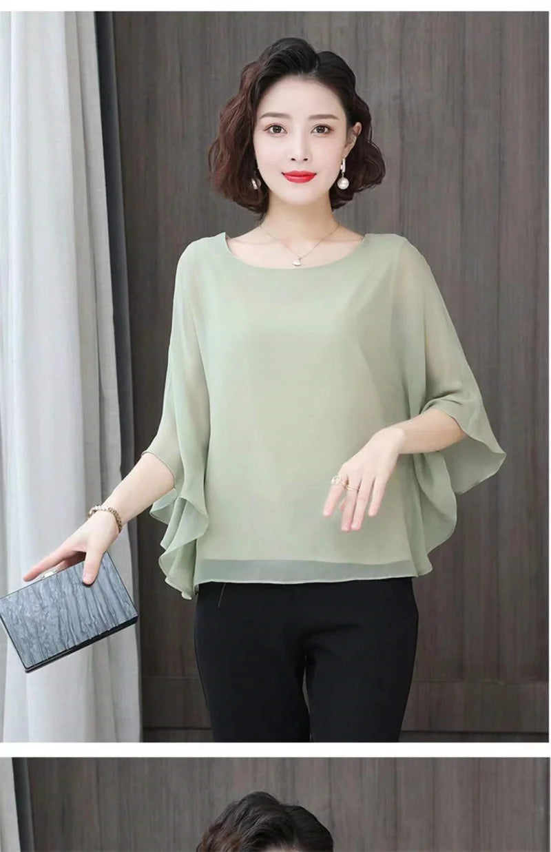 4XL Bat Shirt Summer Women's Loose T-shirt Small Shirt 2025 Spring/Summer Large Wrinkle Resistant And Elegant chiffon Top Green