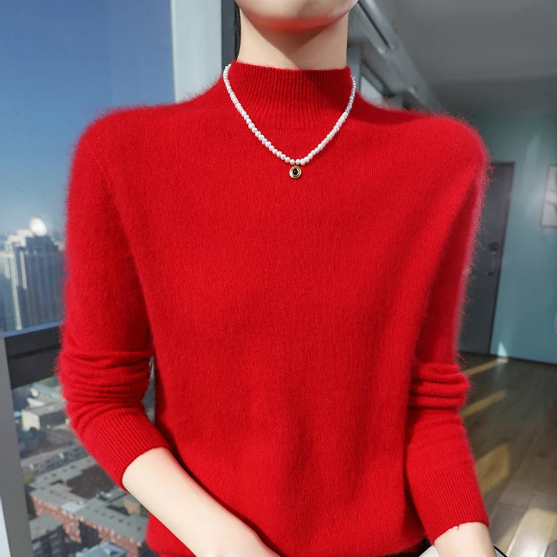 Loose Cashmere Knit Half High Neck Pullover Sweater for Women