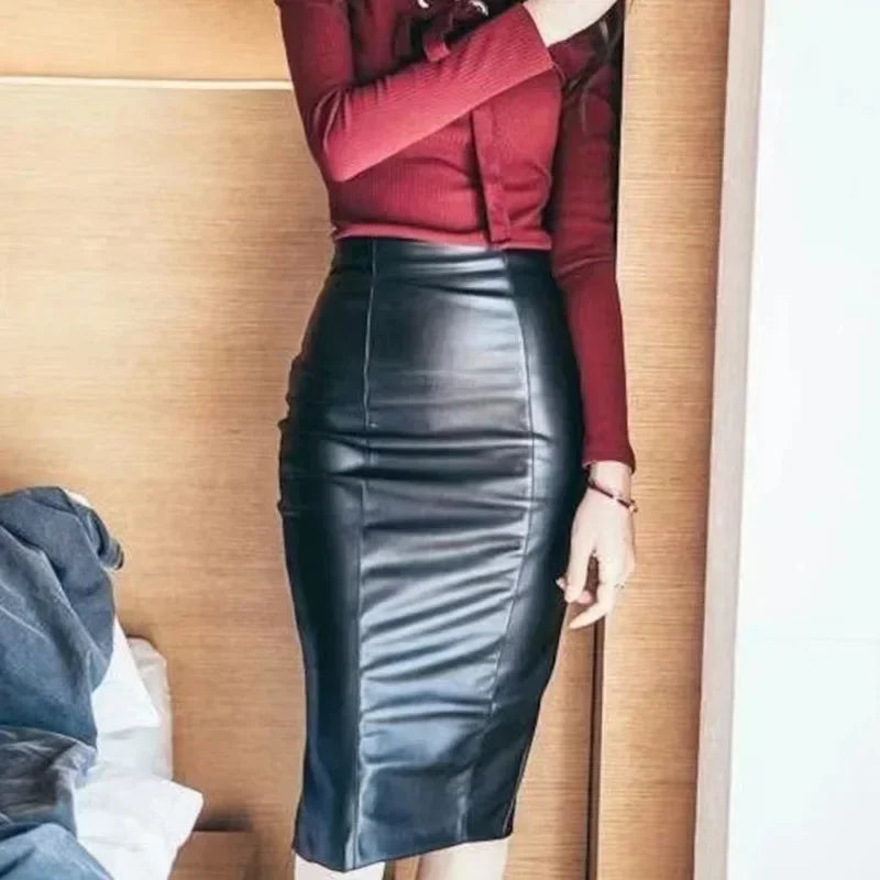 Women Sexy Matte Leather Bodycon Skirt High Waist PU Stretch Slim Midi Skirt Back Hem Split Ladies Wrap Hip Pencil Skirt Custom