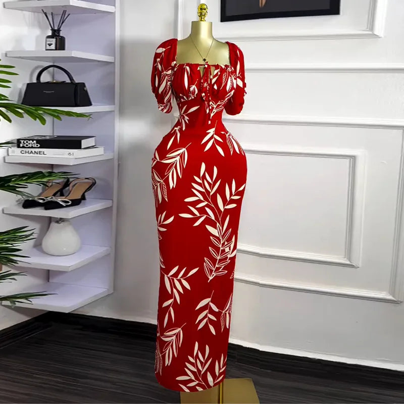 CM.YAYA Women Floral Printed Lantern Half Sleeve Tie Up Long Maxi Dress 2025 Birthday Evening Sexy club Party Dresses Vestidos