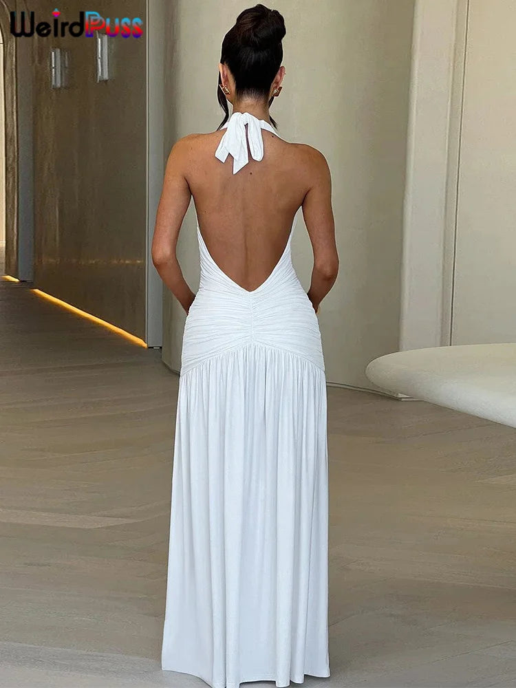 Weird Puss Deep V-Neck Halter Dress Woman Summer Ruffles Splits Backless Elegant Patchwork Solid Party Coquette Sexy Vestidos