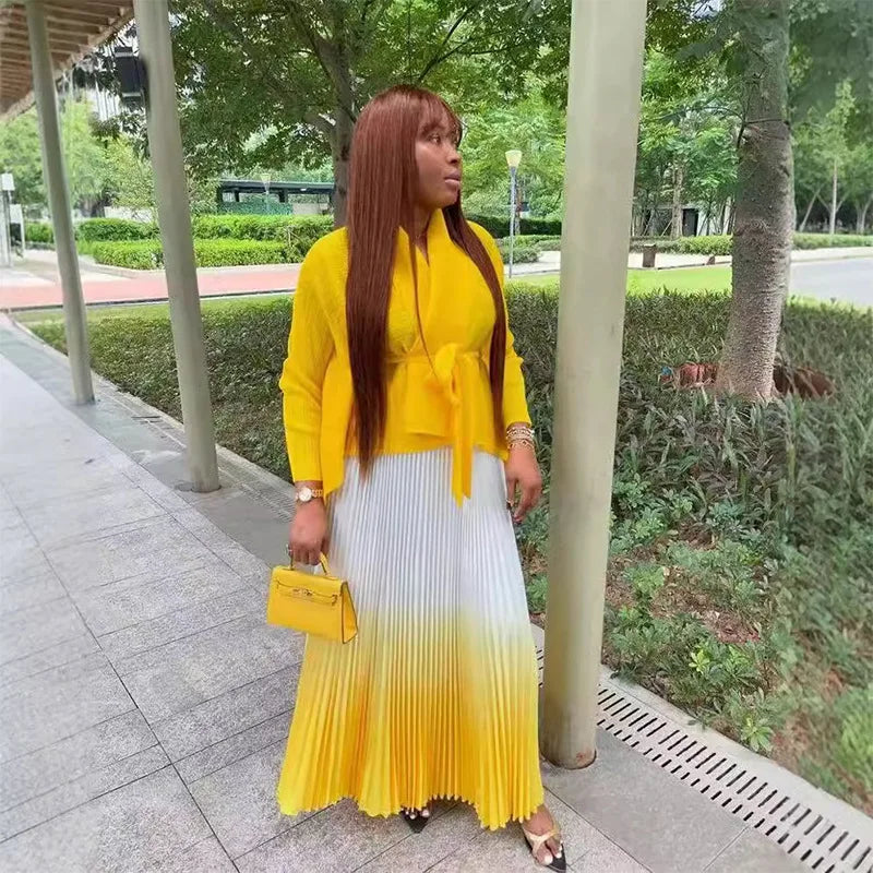 CM.YAYA Gradient Women's Set Full Sleeve Belt Blouse Shirt +Pleated Long Skirts Suit Street Two 2 Piece Set Outfit Tracksuit