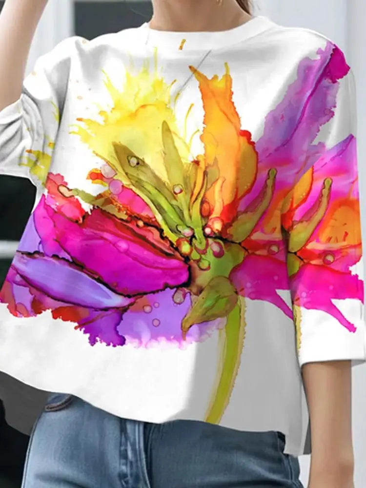 Women T-shirt 2024 New Summer Casual Simple Tops Round Neck Three-Quarter Sleeves Floral Printed Loose Fit Pullovers