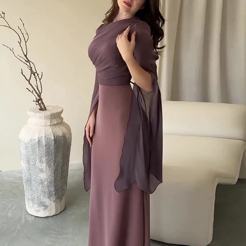 Women's Spring Solid Spliced Satin Maxi Dress Sexy O Neck Slim Bodycon Hip Long Dress Summer Batwing Sleeve Hollow Evening Dress