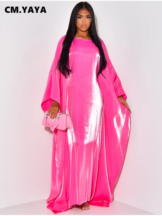 CM.YAYA Women Loose O-neck Full Batwing Sleeve Long Maxi Dress Summer Satin Vintage Africa Streetwear Vestido Evening Dresses