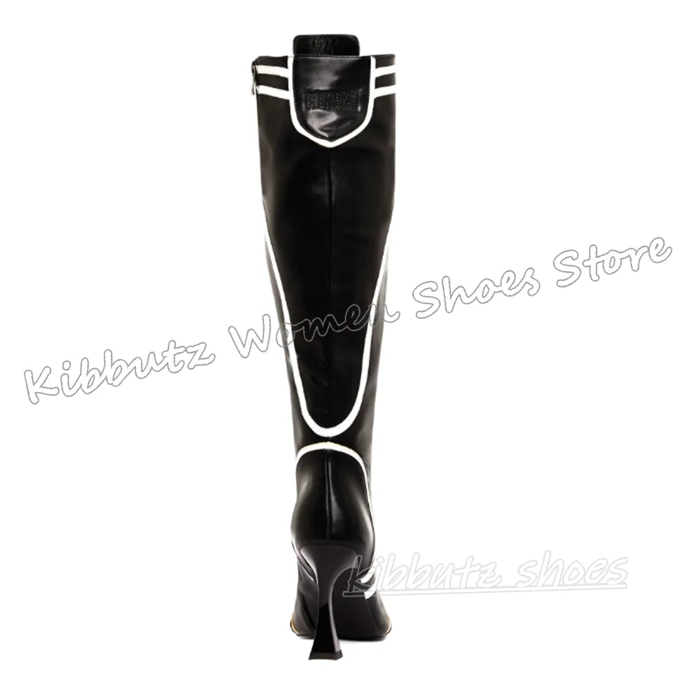 Sewing Knee High Boots Leather Lace-Up Patchwork Square Toe Kitten Heels Fashion Luxury Elegant Concise Sexy Women Shoes Newest