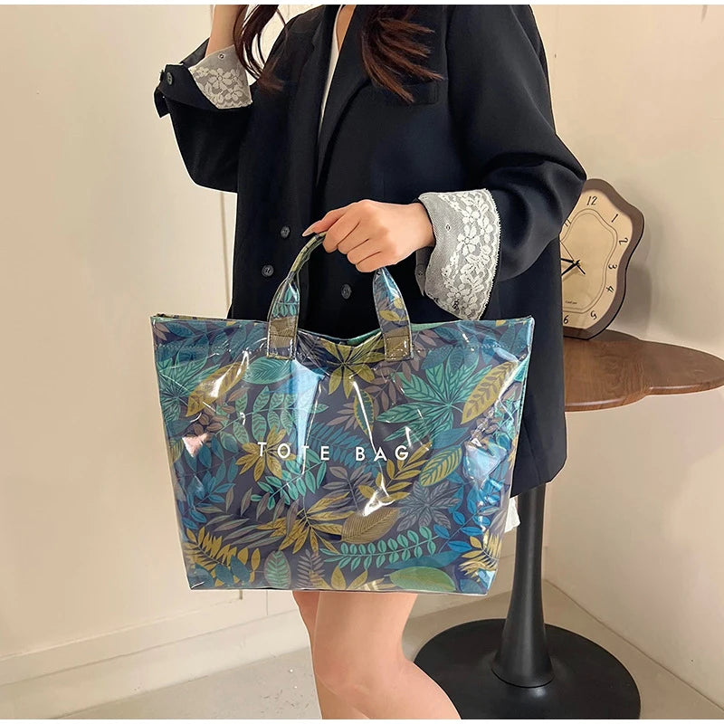 Leaf Print Handbag Pvc Fashion Transparent Waterproof Fashion High-end Shoulder Bag Large Capacity Commuter Tote Bag Shop Bag