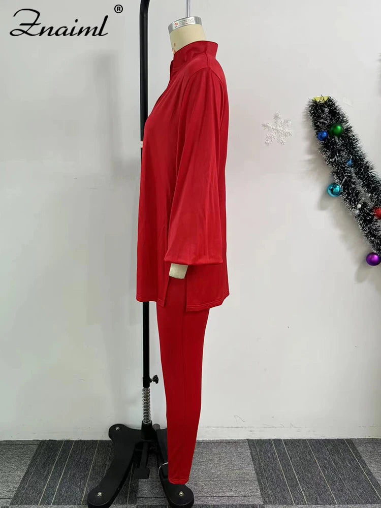 Znaiml Causal Solid Women Two 2 Piece Outfit V Neck Loose Fit Tops and Legging Jogger Pants Matching Sets Streetwear Tracksuits