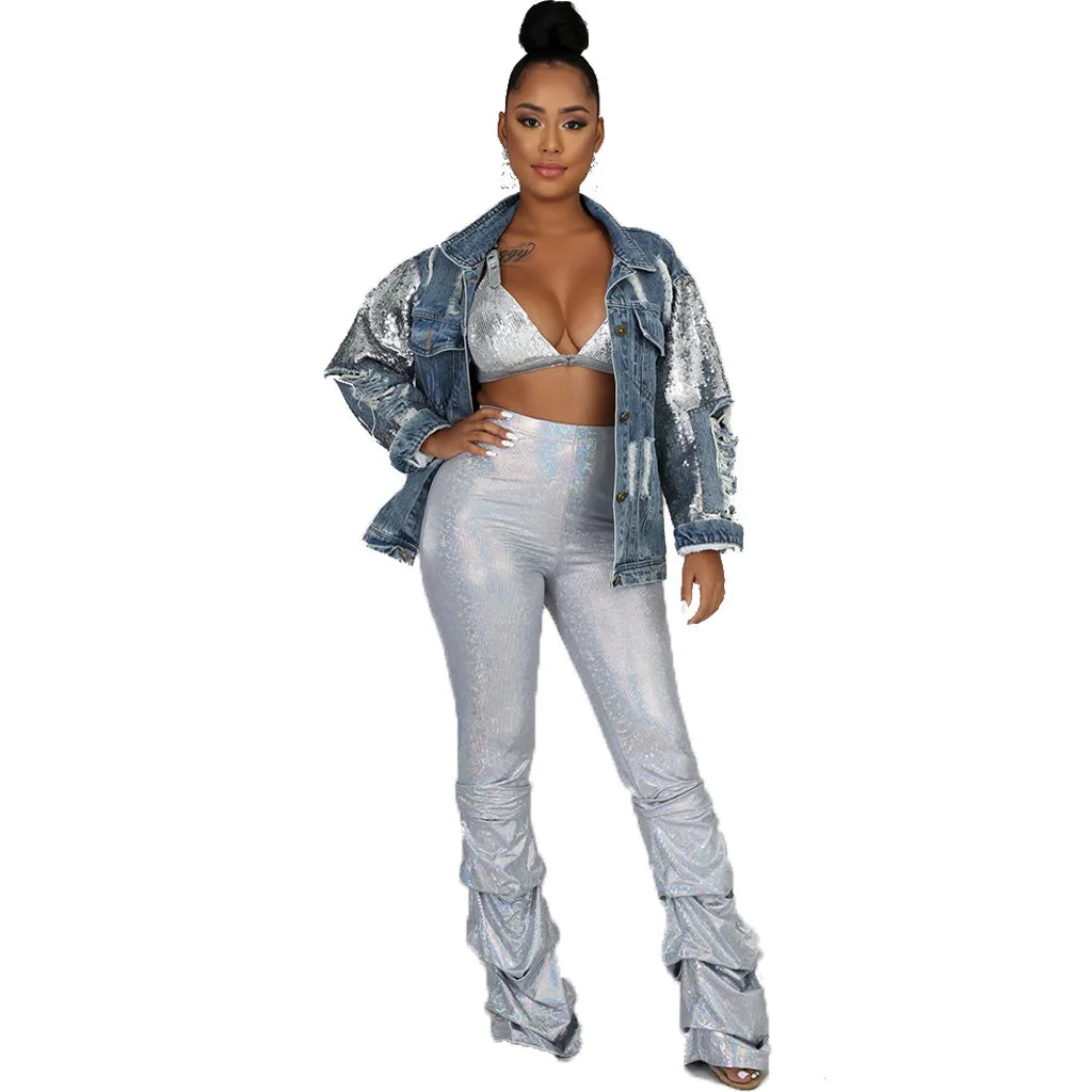 Jackets Women Denim Coat Hole Sequins Patchwork Single Breasted Turn Down Collar Y2k Vintage Streetwear 2025 Autumn Outerwear