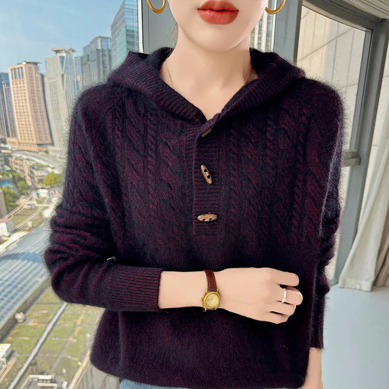 Chunky Knit Loose Hooded Pullover Sweater for Women