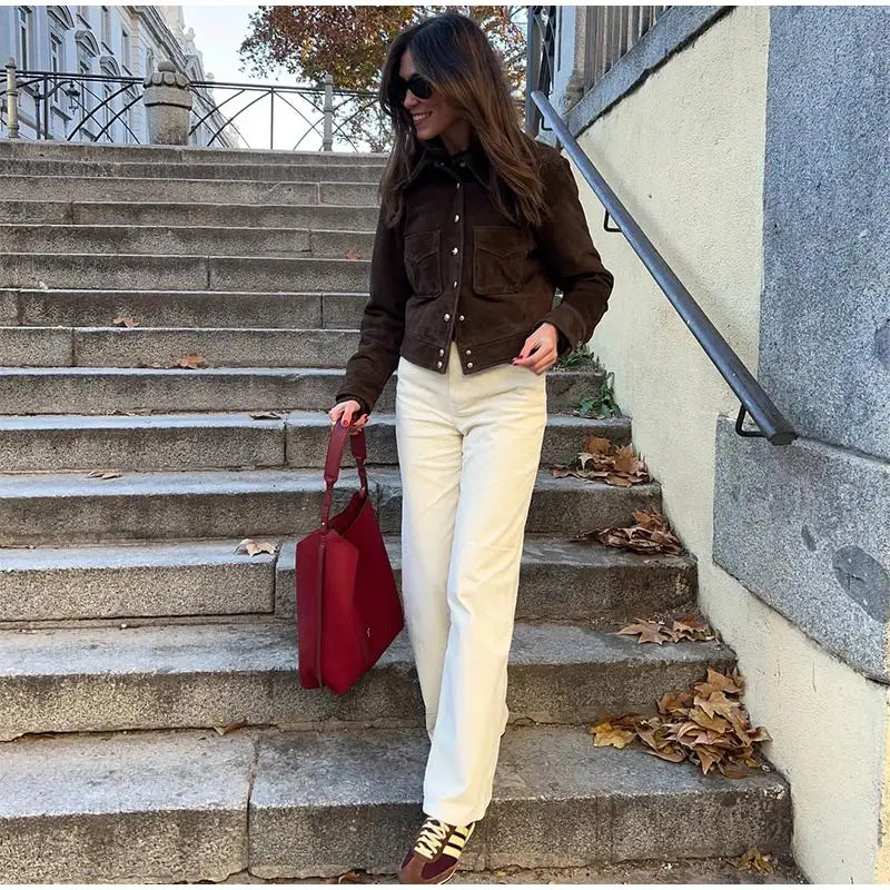 Big Pockets Suede Short Women's Jackets Vintage Lapel Single Breasted Full Sleeve Jacket Lady 2025 Spring Fashion Streetwears