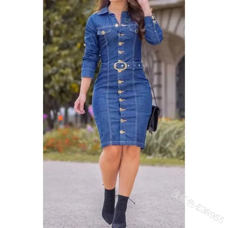 Women Denim Mini Dress Long Sleeve Single Breasted High Waist Slim Sexy Bodycon Dress with Belt