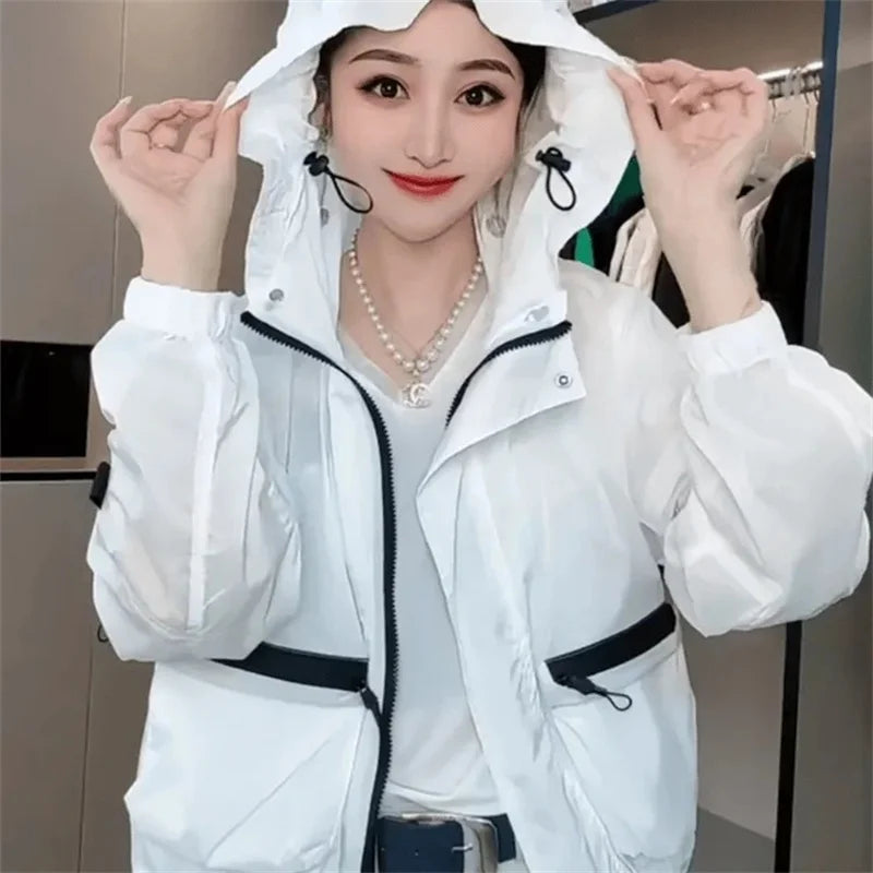 Spring and Autumn Lightweight Sunscreen Clothes for Women's Outdoor Wear 2025 White Hooded Loose Casual Summer Jacket Pink Orang