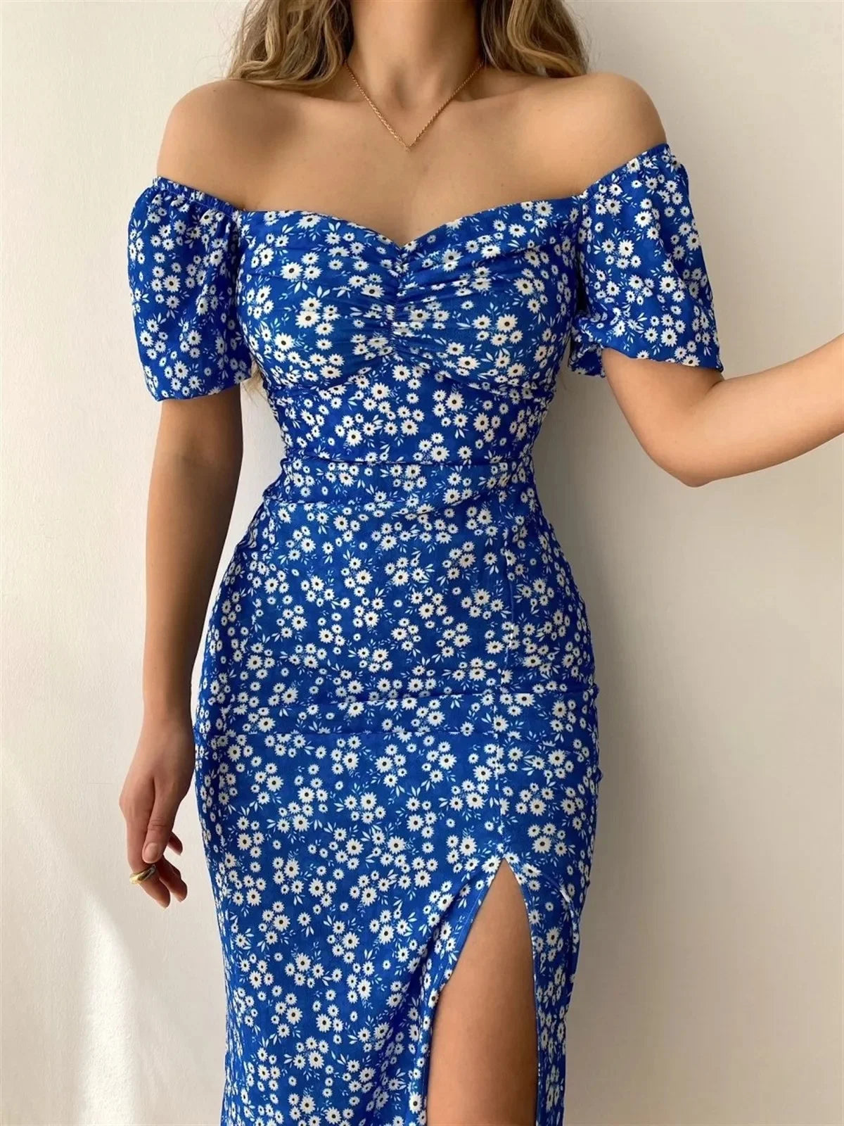 Elegant Summer Women's Dress Off-Shoulder Floral Side Slit Fashionable Commuting Foreign Trade New Style Womens Clothing