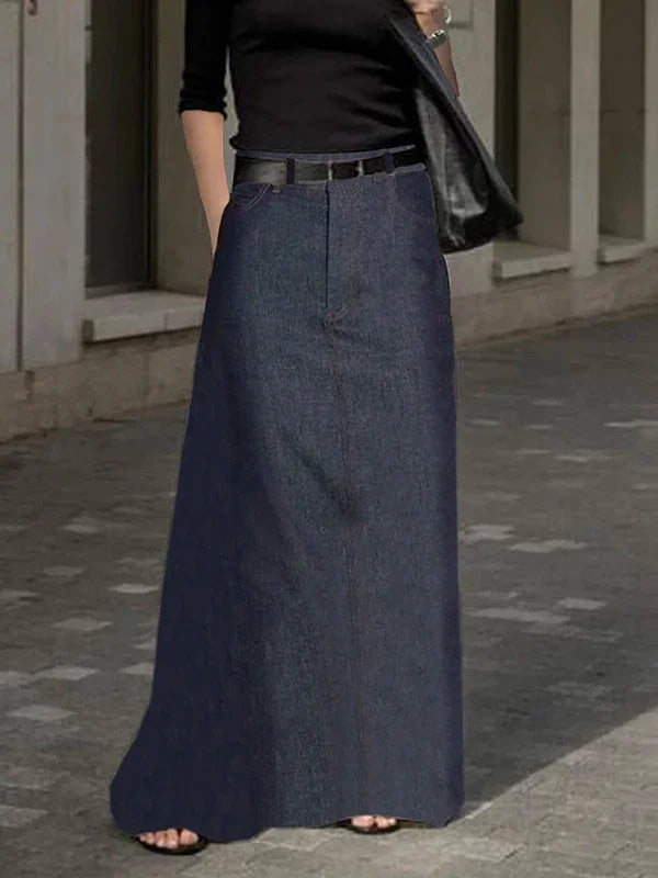 Fashion Imitation Denim H-Line High Waist Skirts Spring Summer Loose Solid Color Pockets Maxi Skirt For Women