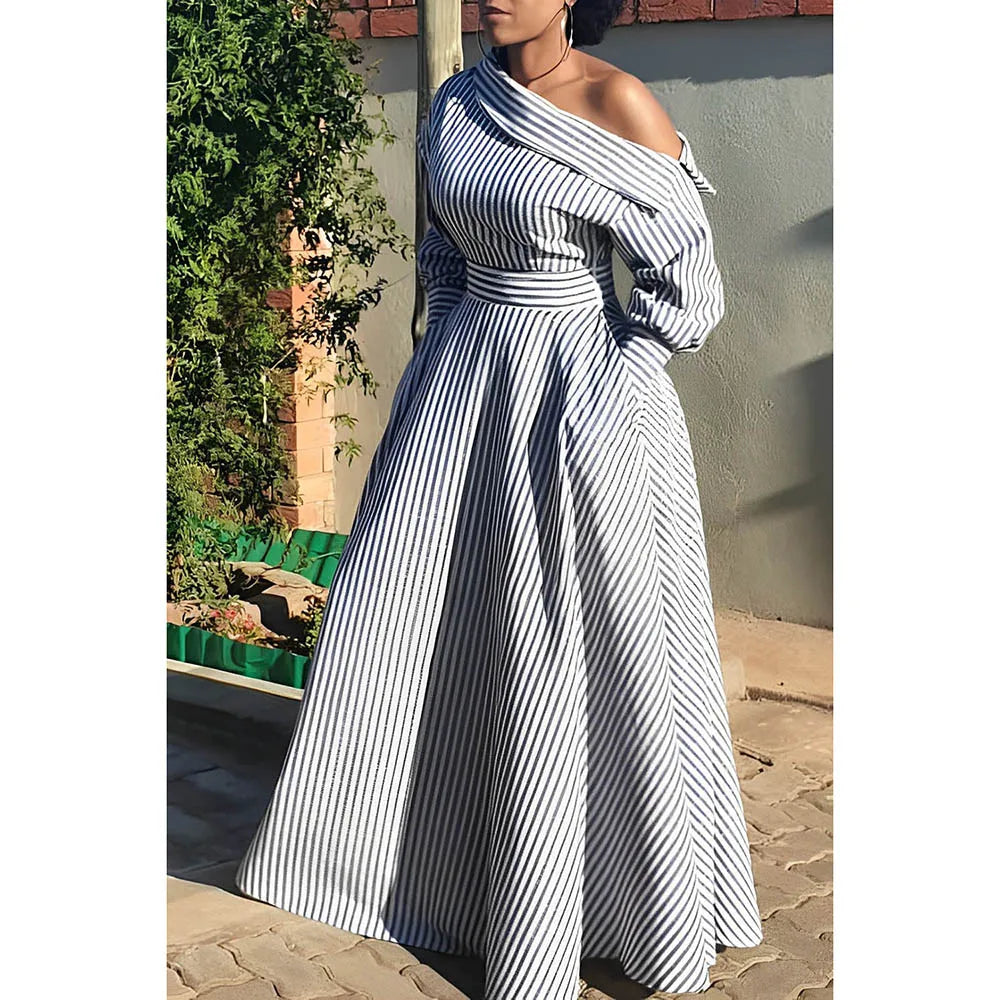 Plus Size White Casual Dress Ash Stripe Oblique Collar One Shoulder Maxi Dress With Pocket