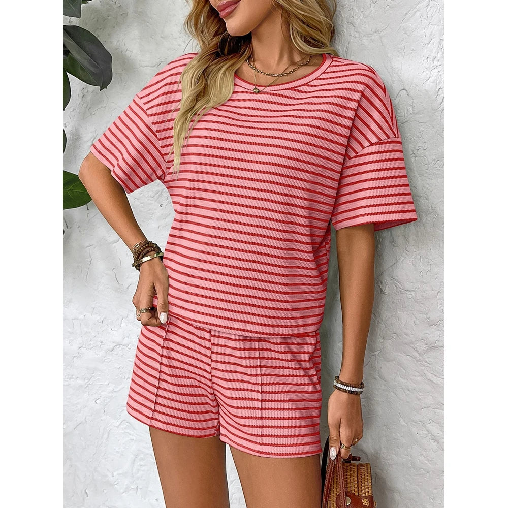 Women Striped 2 Pieces Set Fashion Short Sleeve T Shirt Top and Elastic Waist Shorts Set Summer Outfits Home Wear 2025