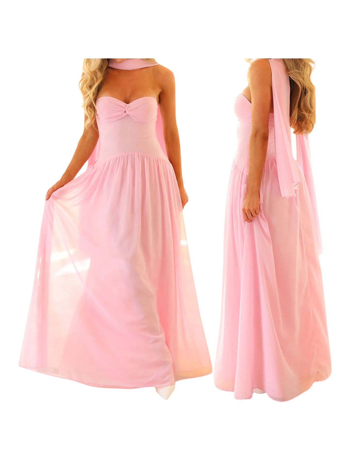 Women Long Dress Solid Color Tube Dress Summer Fashion Backless Casual Strapless Dress with Choker Scarf